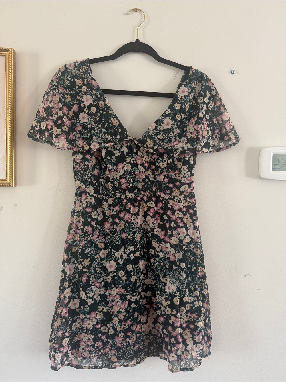Xhilaration Black Floral A-Line Dress with Pink and Cream Flowers